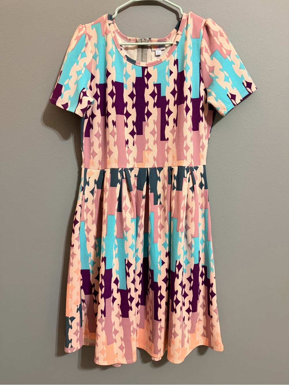 LuLaRoe Amelia Multicolor Patterned Short Sleeve Dress - Pink, Aqua & Purple